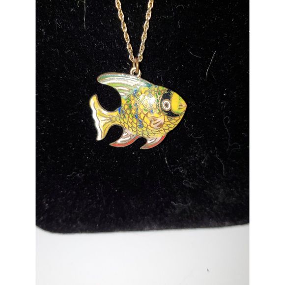 A Genuine Cloisonne Fish Pendant Necklace Tropical Costume Jewelry Gold Tone - Picture 2 of 11
